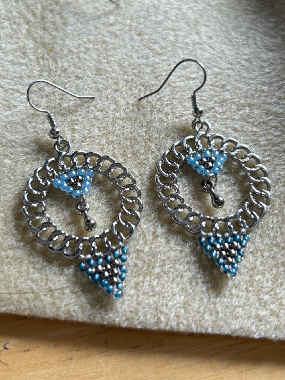 Silver Tone Blue Beaded Hoop Dangle Earrings - Women handmade Jewelry